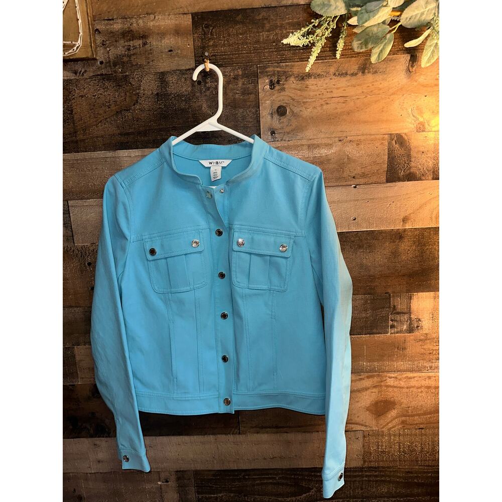 White House Black Market WHBM Turquoise Mandarin Collar Utility Jacket, size M